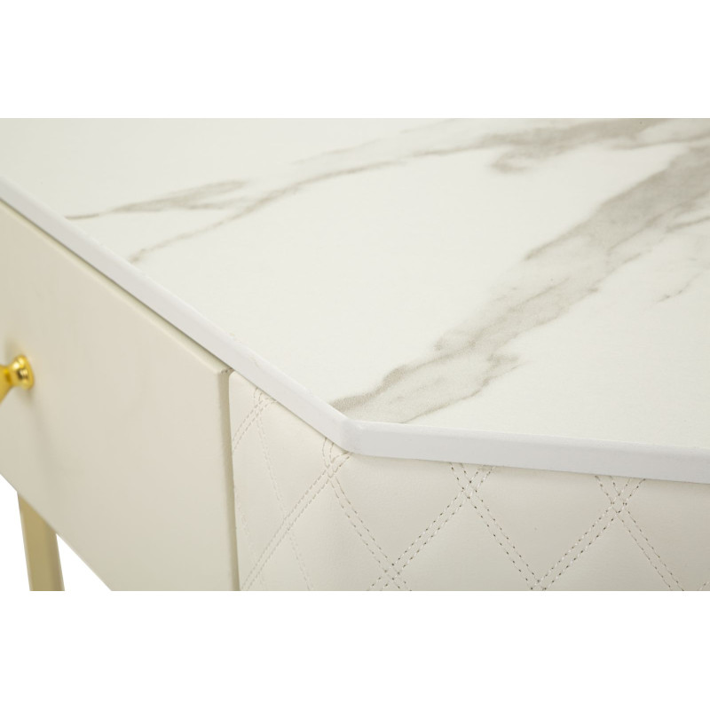 Console d’angle Sharon – Bois de pin, MDF, métal et plastique blanc et or 84,5x60x77 cm