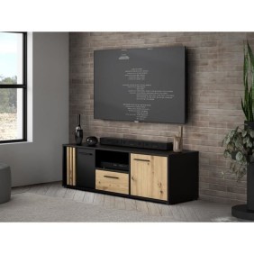 Meuble TV CARDIGAN 2 portes, 1 tiroir, 1 niche - Décor chene artisan et noir - L142,6 x P41,5 x H43,9 cm - Poignées en métal noi