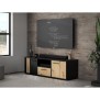 Meuble TV CARDIGAN 2 portes, 1 tiroir, 1 niche - Décor chene artisan et noir - L142,6 x P41,5 x H43,9 cm - Poignées en métal noi