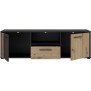 Meuble TV CARDIGAN 2 portes, 1 tiroir, 1 niche - Décor chene artisan et noir - L142,6 x P41,5 x H43,9 cm - Poignées en métal noi