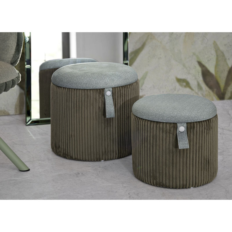 Pouf Coffre Bolzano Vert – Élégance Naturelle en Duo Ø38x38 - Ø32x28 cm