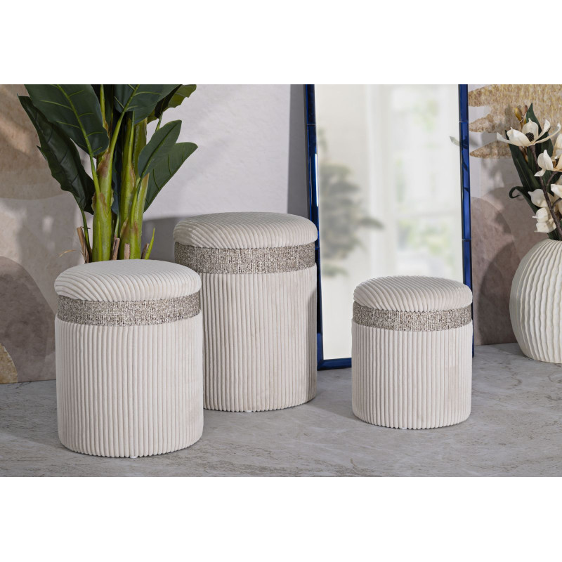 Pouf Coffre Cortina Crème – Élégance en Trio Ø40,5x49,5 - Ø35x42 - Ø31x38 cm