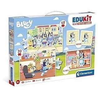 Clementoni - Edukit - Bluey - Coffret apprentissage 4 en 1 - 2 puzzles, 1 mémo, 1 jeu de 6 cubes - Fabriqué en Italie - Dés 4ans