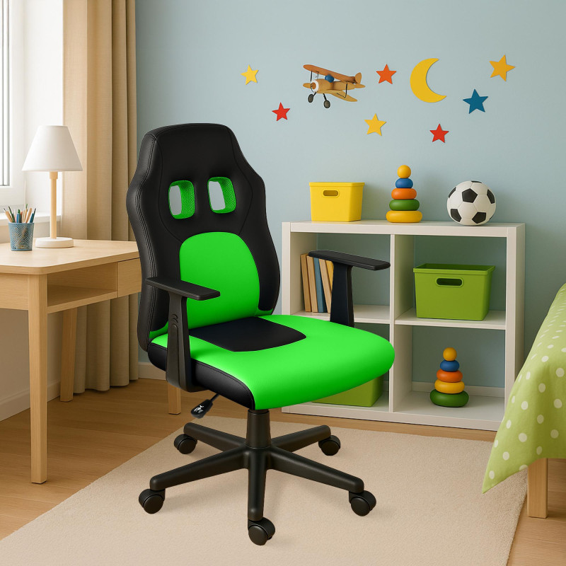Chaise de bureau pour enfants, noire et verte amusante