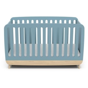 Ens. lit bébé 70 x 140 Kit évolutif, commode 2 tiroirs, 3 niches et 1 plan a langer - FIRMIANA - Scandinave - Bleu / bois -