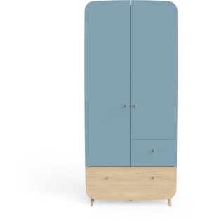 Ens. lit bébé 70 x 140 Kit évolutif, commode 2 tiroirs 3, niches et 1 plan a langer, 1 armoire - FIRMIANA - Bleu / bois - DEMEYE