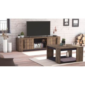 Meuble TV MONACO - 2 portes coulissantes + 3 étageres - Décor bois oak et noir - L184.5 x P42.3 x H51.8 cm - DEMEYERE