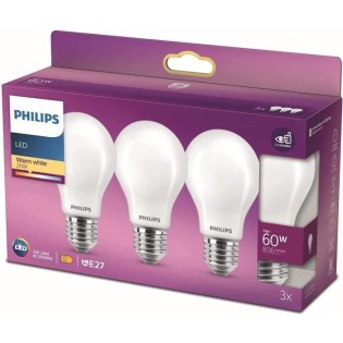 Philips, pack de 3 ampoules E27 LED 60W, blanc chaud