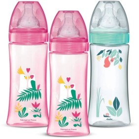 Lot de 3 Biberons anti-coliques - DODIE - Anti-coliques - Tétines rondes - 330 ml - +6 mois - 3 vitesses - Débit 3 - Rose et ver