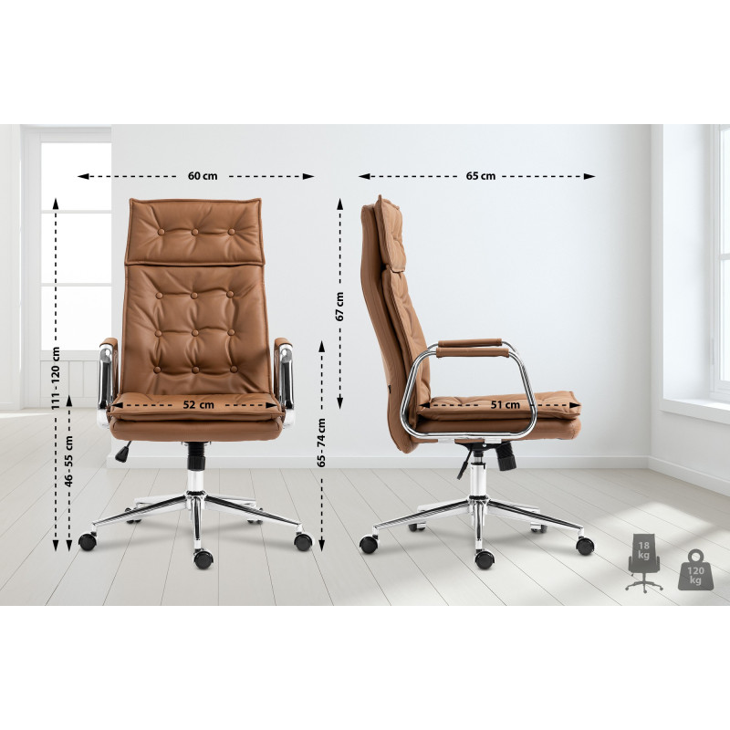 Fauteuil de bureau Sotira, cuir véritable, marron clair