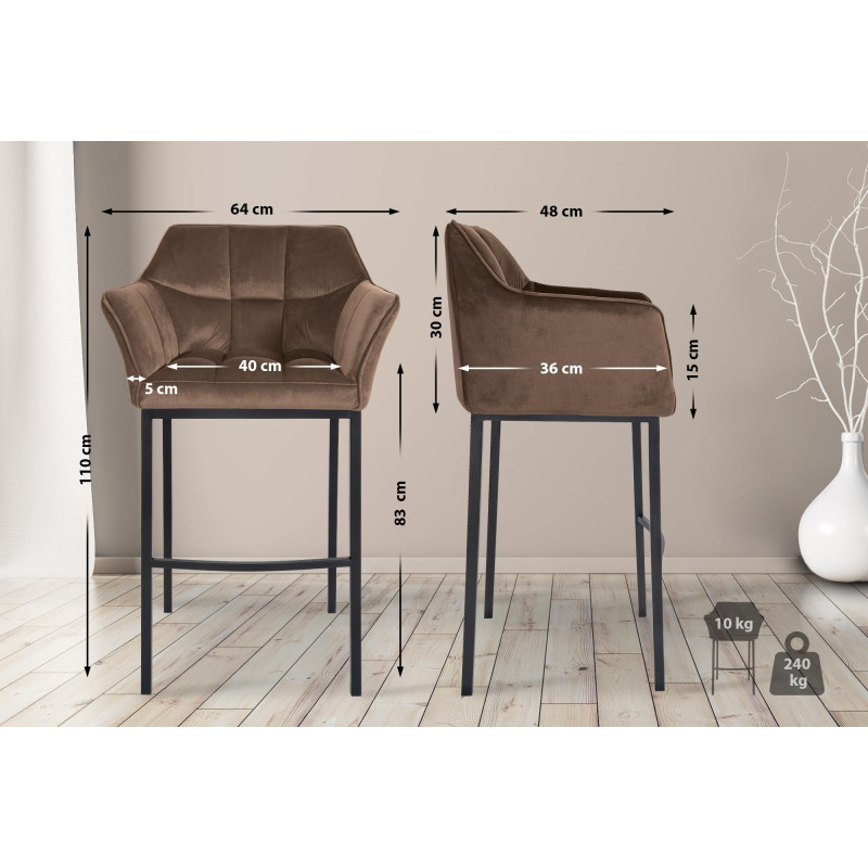 Tabouret de bar Damaso B en velours avec structure à 4 pieds marron