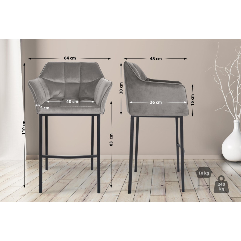 Tabouret de bar Damaso B en velours avec structure à 4 pieds gris