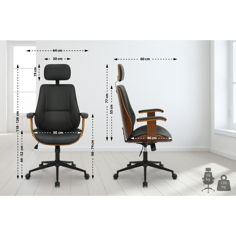 Fauteuil de bureau Lugo, similicuir, noyer/noir