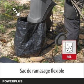 Powerplus Broyeur de Végétaux électrique POWEG5011 - 2400 W, Max. Ш40 mm, Poussoir, Roues et Sac de Ramassage de 50 l Inclus