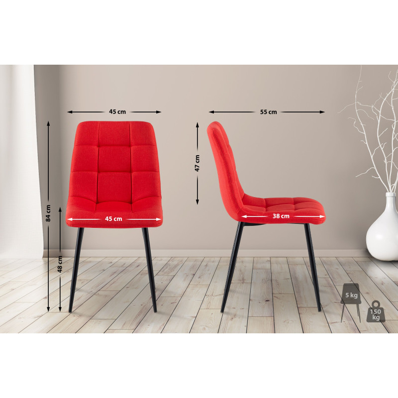 Lot de 4 chaises de salle à manger tissu Antibes rouge