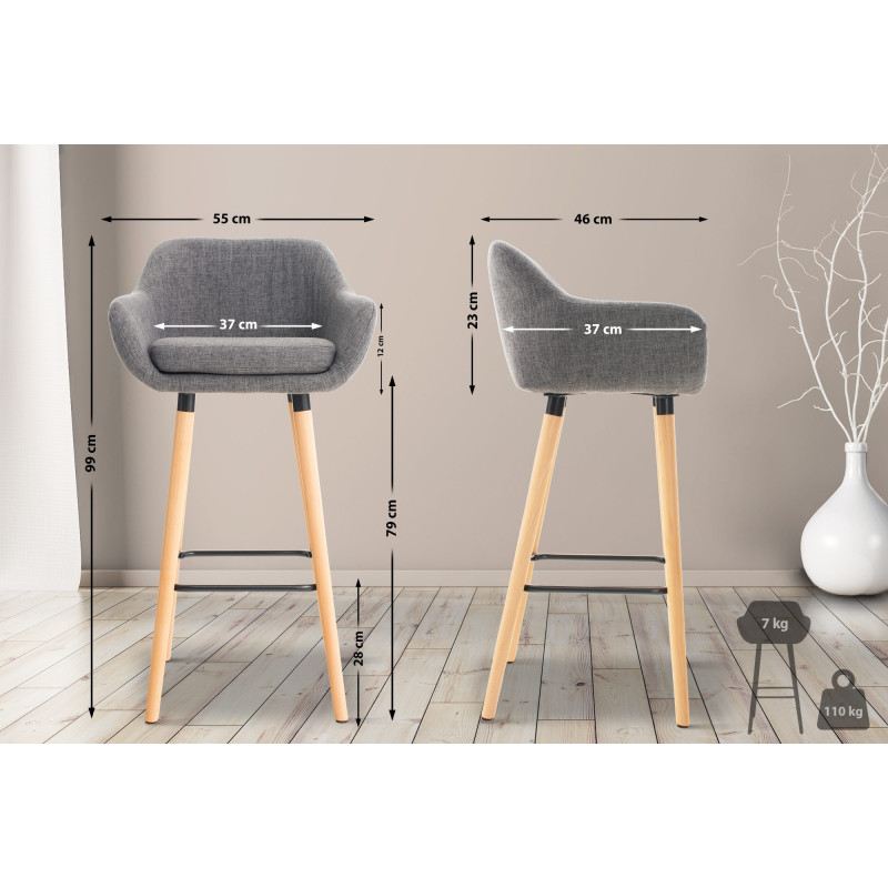 Lot de 2 tabourets de bar en tissu Grant gris clair