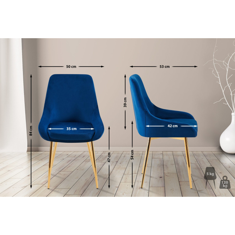 Chaise de salle à manger Elmira velours doré bleu foncé