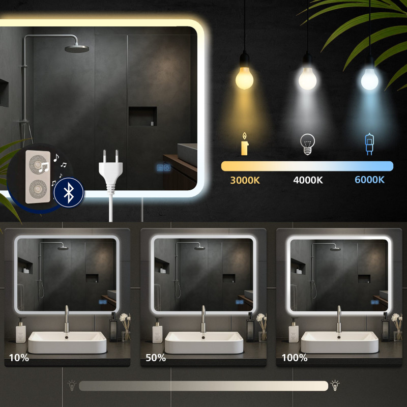 Miroir de salle de bain Jericho 60x80 avec Bluetooth et verre transparent