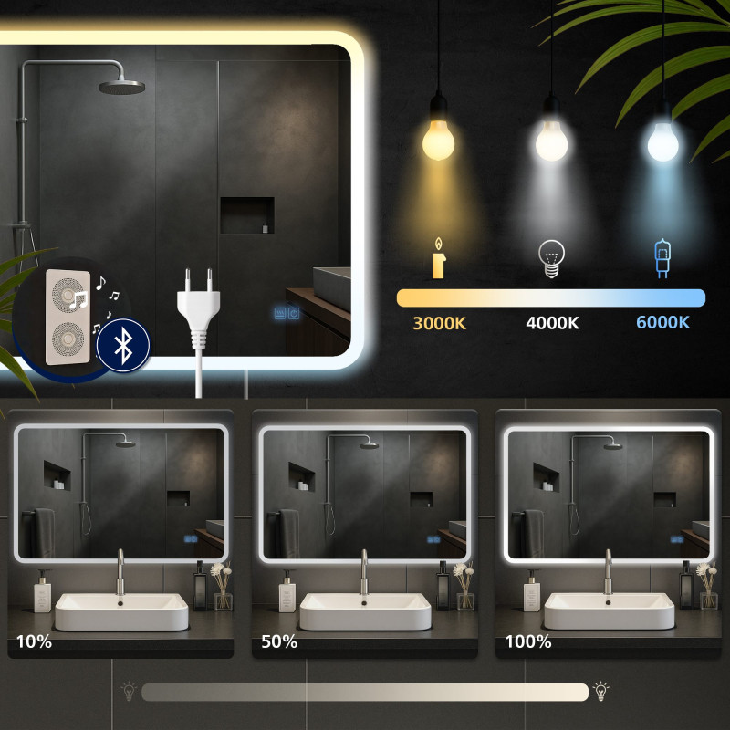 Miroir de salle de bain Jericho 70x100 avec Bluetooth et verre transparent