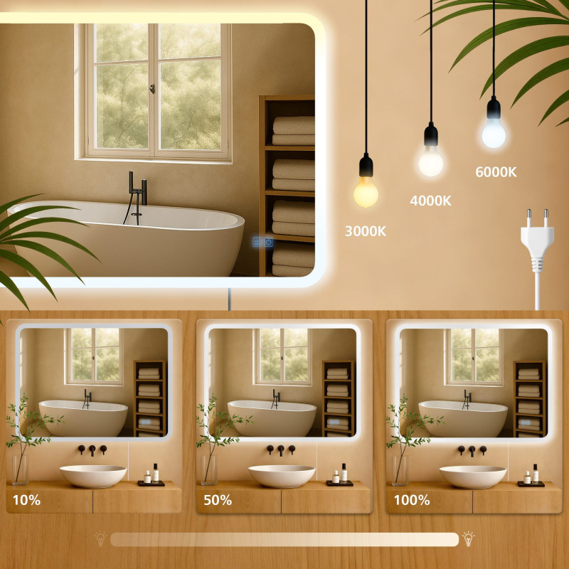 Miroir de salle de bain Jericho 70x100 sans Bluetooth, verre transparent