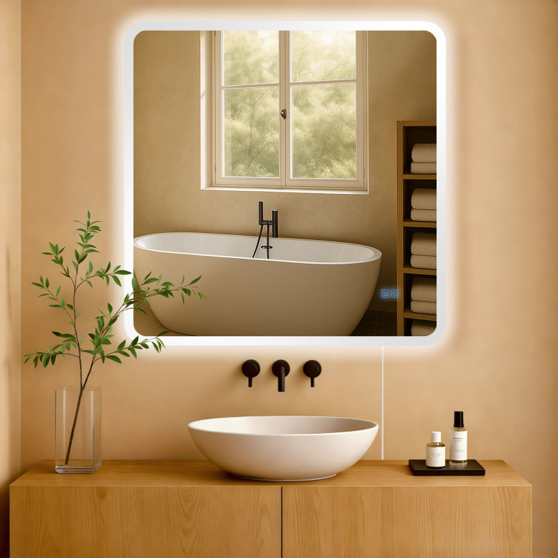 Miroir de salle de bain Jericho 80x80 sans Bluetooth, verre transparent