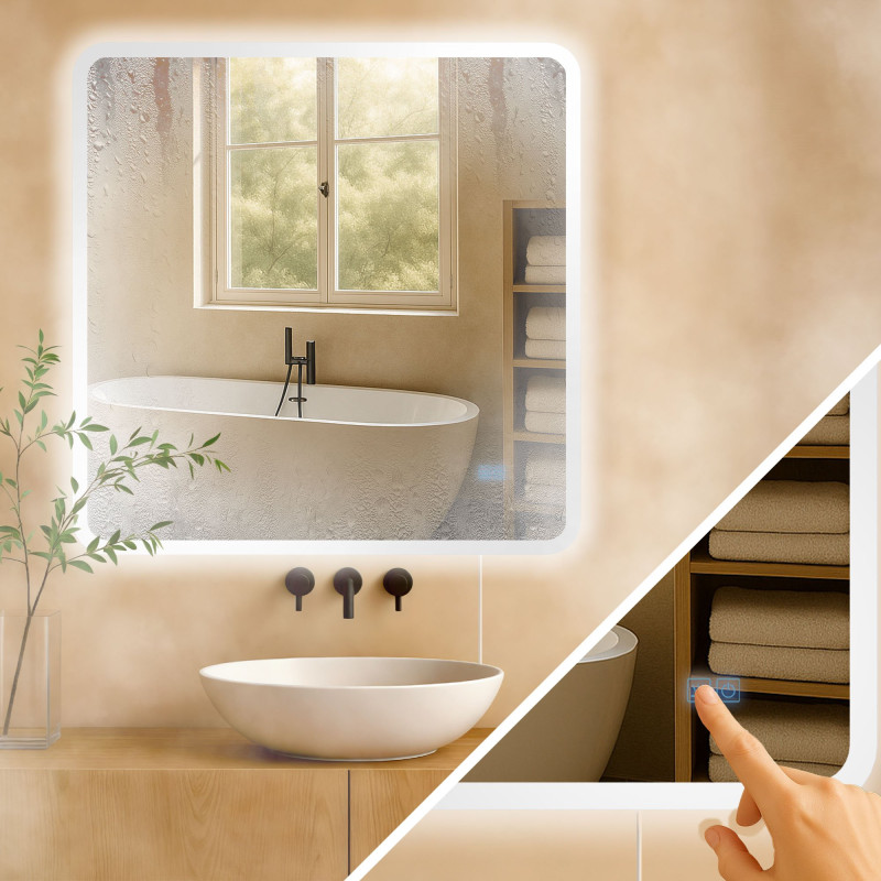 Miroir de salle de bain Jericho 80x80 sans Bluetooth, verre transparent