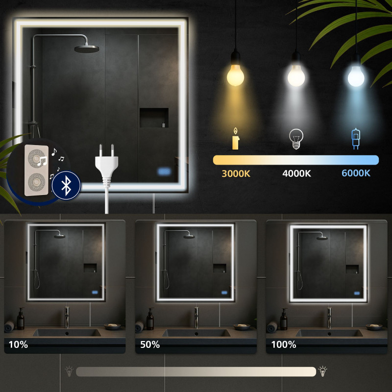 Miroir de salle de bain Jaffrey 80x80 avec Bluetooth et verre transparent