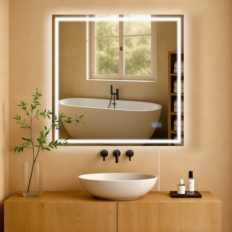 Miroir de salle de bain Jaffrey 80x80 sans Bluetooth, verre transparent