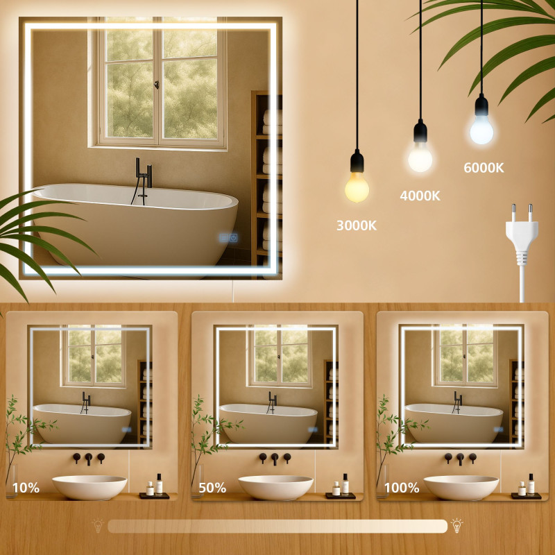 Miroir de salle de bain Jaffrey 80x80 sans Bluetooth, verre transparent