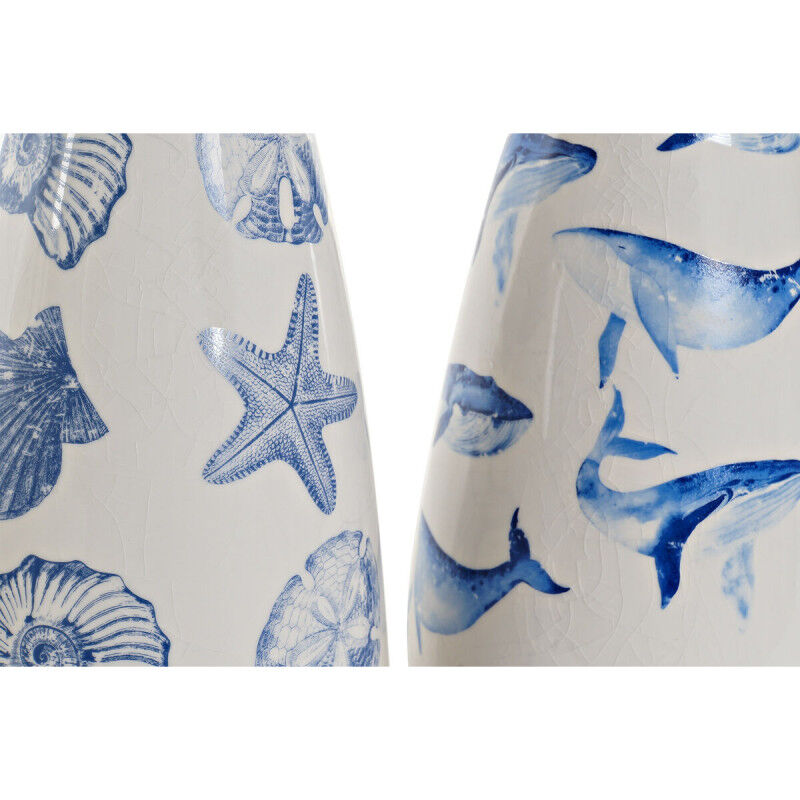 Vase DKD Home Decor Étoile Blanc Bleu ciel Marin Blue marine Grès méditerranéen Baleine (2 Unités) (16 x 16 x 31 cm)