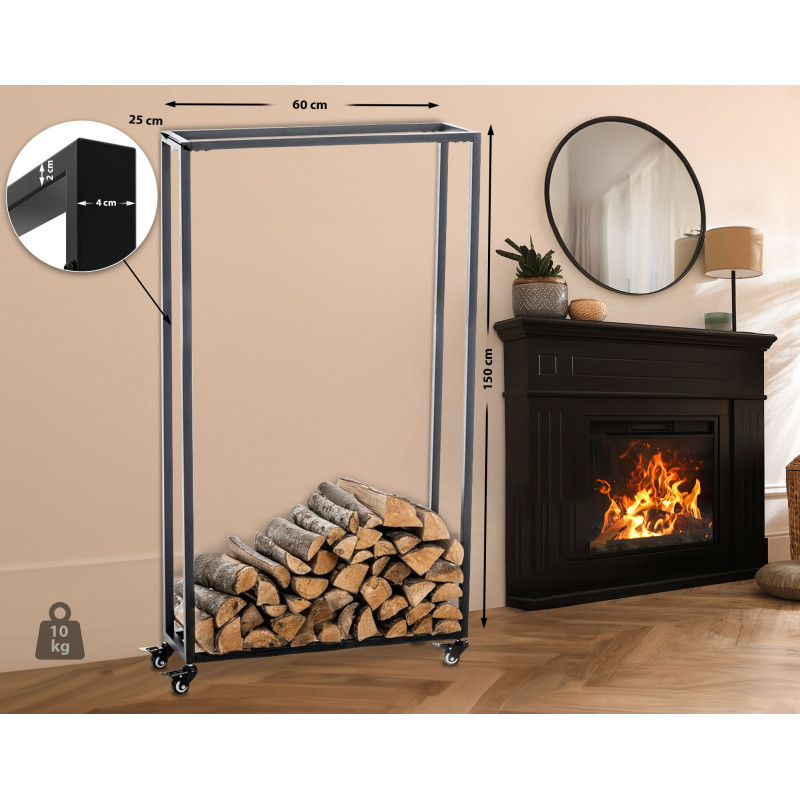 Portalegna per Camino HETTA in Acciaio Inox nero,25x60x150 cm