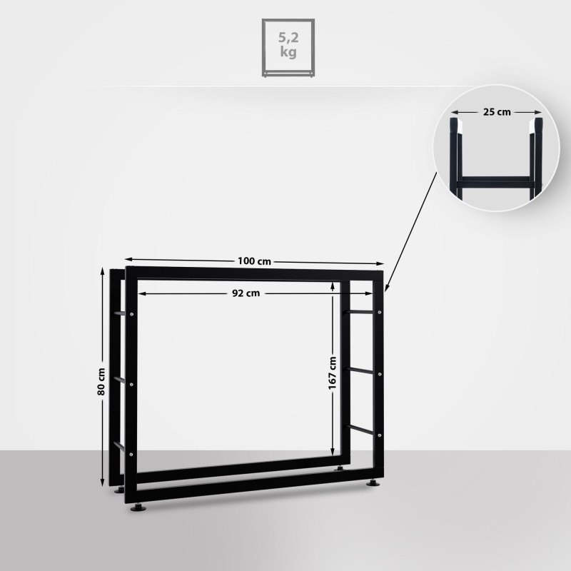 Esclusivo portalegna KERI V2 in metallo nero,25x100x80 cm