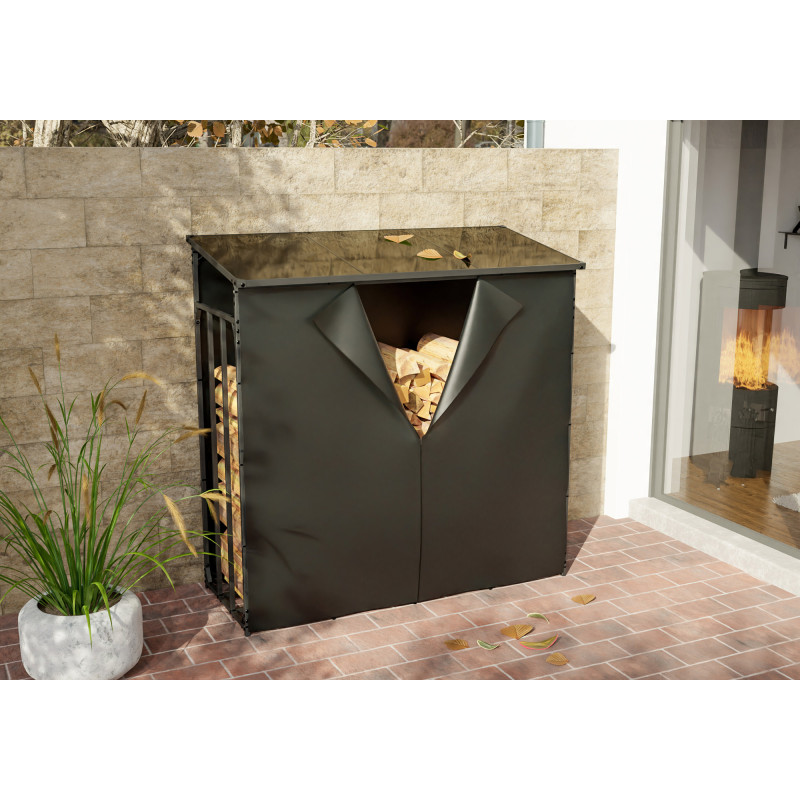 Leñero Ruston de alumino apto para exteriores con lona de cobertura XL