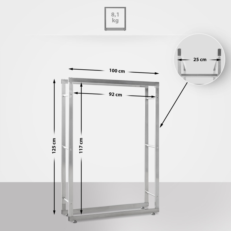 Support à bûches Keri V2 25x100x125 cm en acier inoxydable