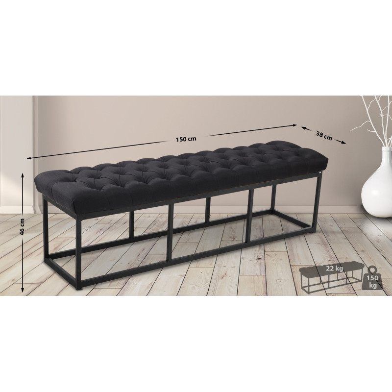 Banc en tissu Amun, noir, 150 cm