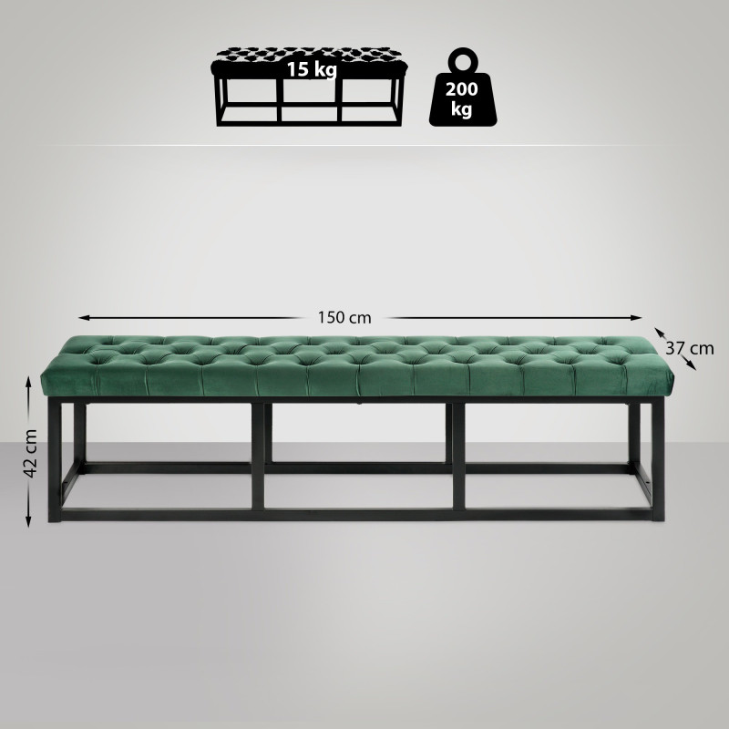 Banc en velours Polson, noir, 150 cm, vert