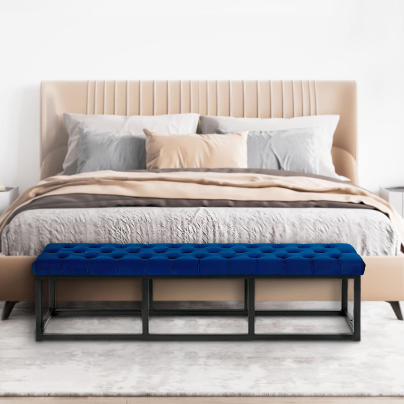 Banc en velours Polson, noir, 150 cm, bleu