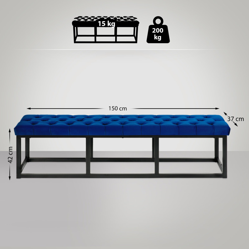 Banc en velours Polson, noir, 150 cm, bleu