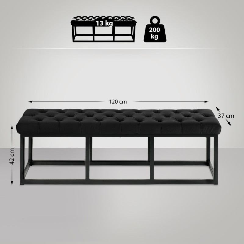 Banc en velours Polson, noir, 120 cm