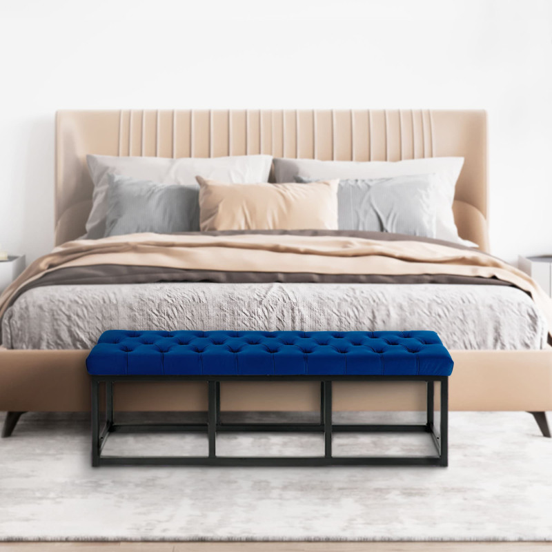 Banc en velours Polson, noir, 120 cm, bleu