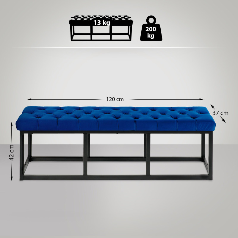 Banc en velours Polson, noir, 120 cm, bleu