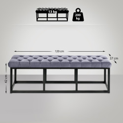 Banc en velours Polson, noir, 120 cm, gris