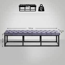 Banc en velours Polson, noir, 150 cm, gris