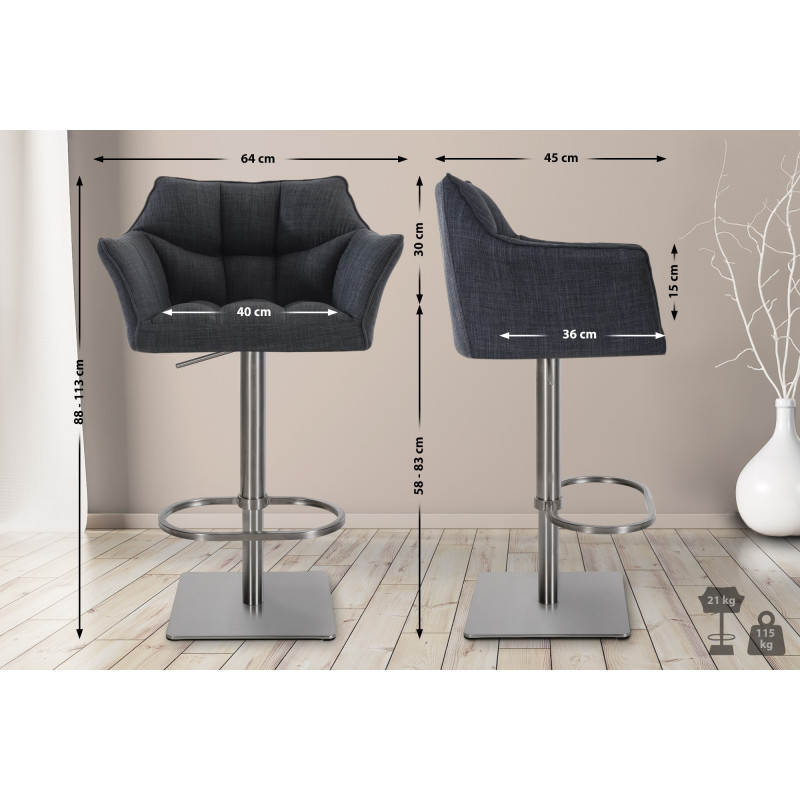 Lot de 2 tabourets de bar en tissu Damaso et acier inoxydable gris foncé