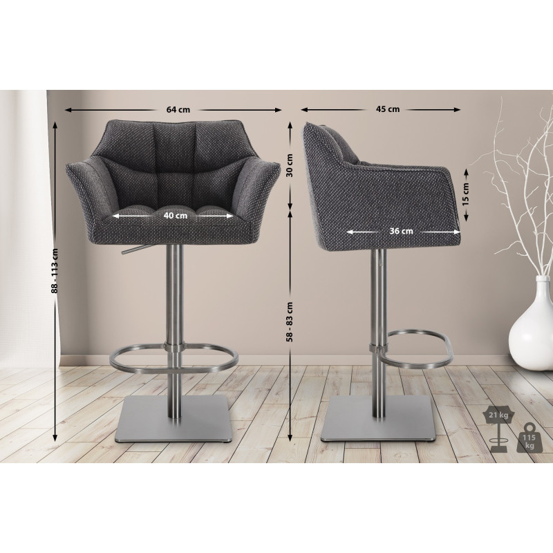 Lot de 2 tabourets de bar en tissu Damaso et acier inoxydable gris titane