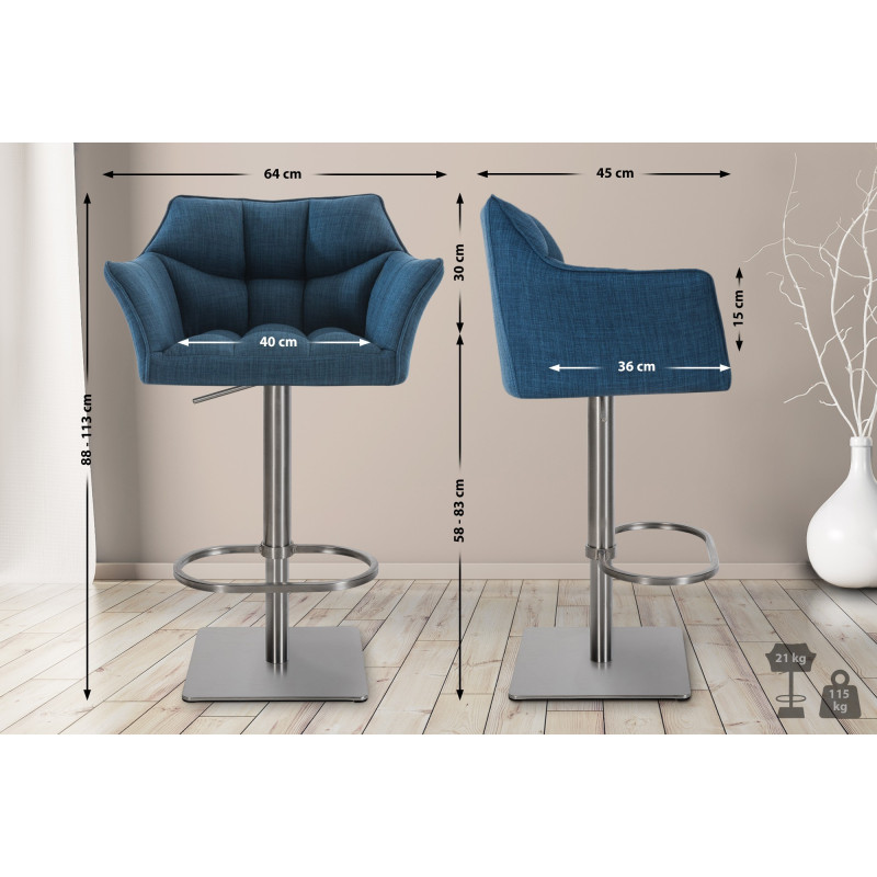 Lot de 2 tabourets de bar en tissu Damaso et acier inoxydable bleu