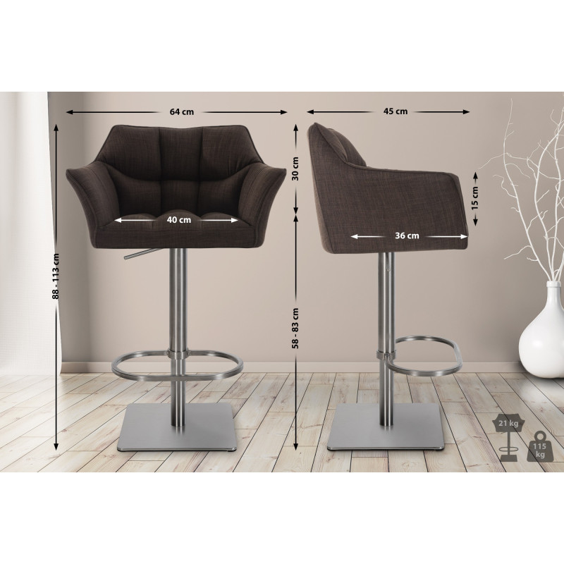 Lot de 2 tabourets de bar en tissu Damaso et acier inoxydable brun