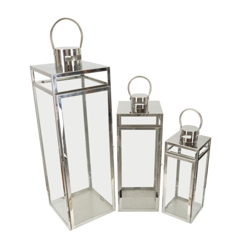 LANTERNE ARGENTÉE LOT DE 3 PCS CM 22X22,5X70,5-18X18,5X50-14X14,5X38