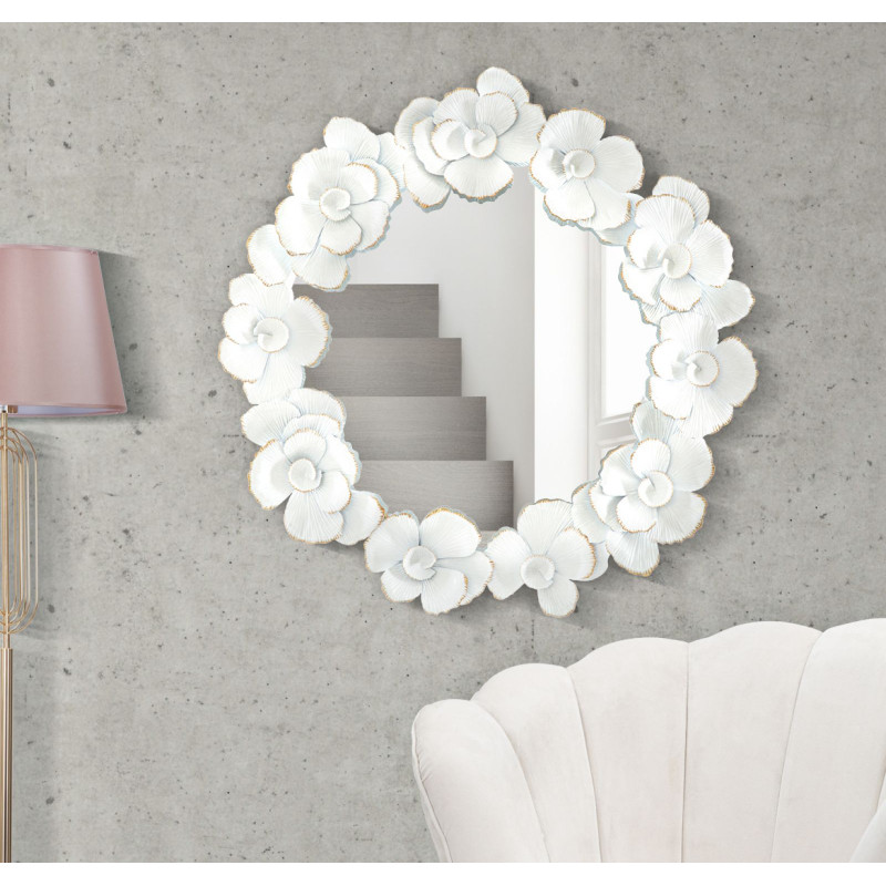 Miroir mural à fleurs blanches 82x2,6x85,5 cm – Romantisme floral et pureté lumineuse