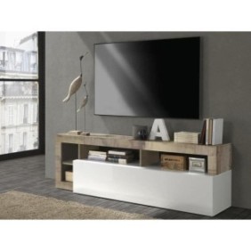 Meuble TV 1 porte - Finition Blanc Laqué et Effet Bois Vintage - L 184 x P 42 x H 56 cm - MAESTRO